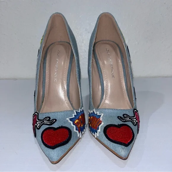 SOLD Denim Heels with Heart Peace Sign patches size 6.5 inches - Picture 2 of 4